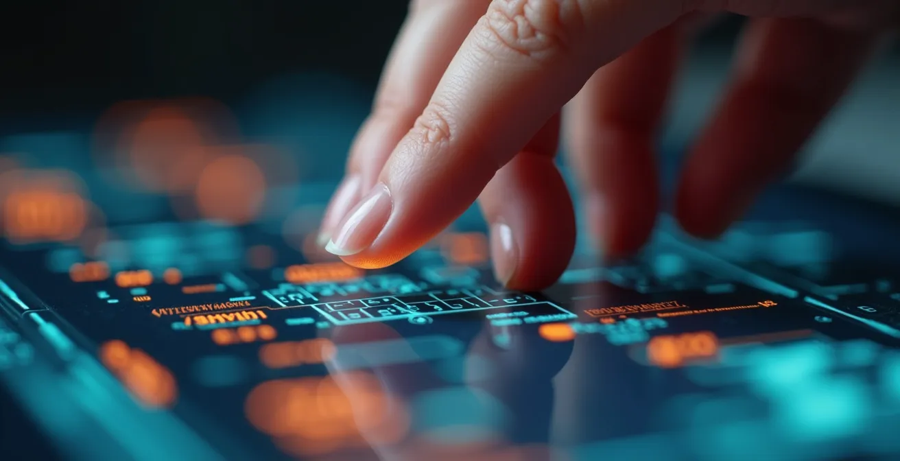 Vista macro di dita che verificano impostazioni su schermo opaco di configurazione