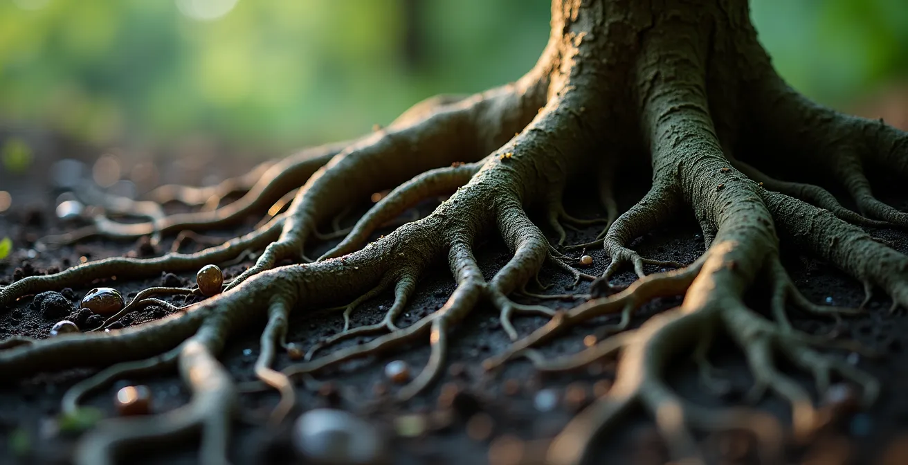 Albero rigoglioso con radici multiple che attingono da diverse fonti d'acqua sotterranee
