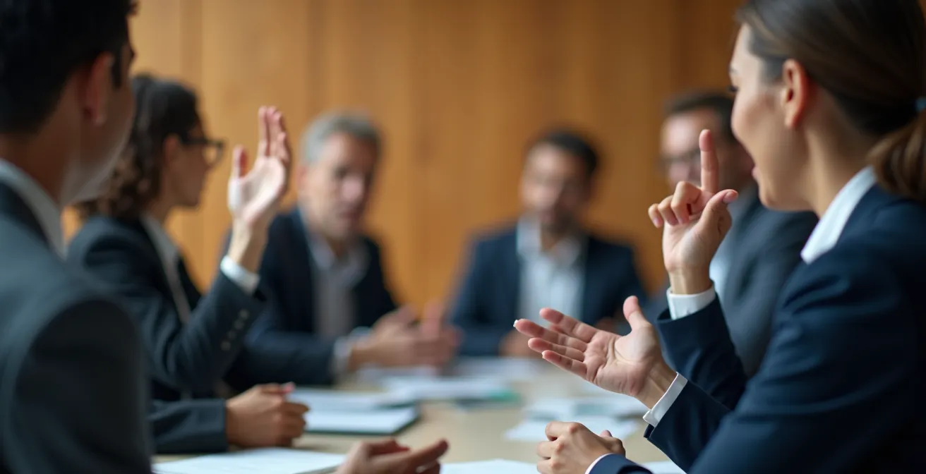 Mani alzate in discussione costruttiva durante riunione professionale