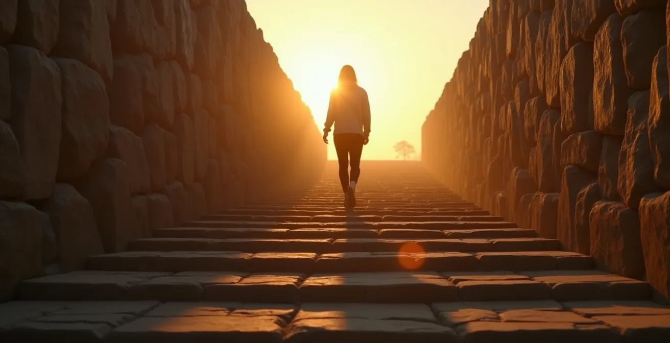 Scala ascendente di pietra naturale che si trasforma gradualmente in un sentiero aperto verso l'orizzonte