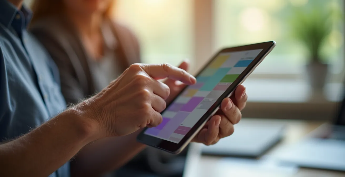 Mani di diverse generazioni che si aiutano a usare un tablet per votare