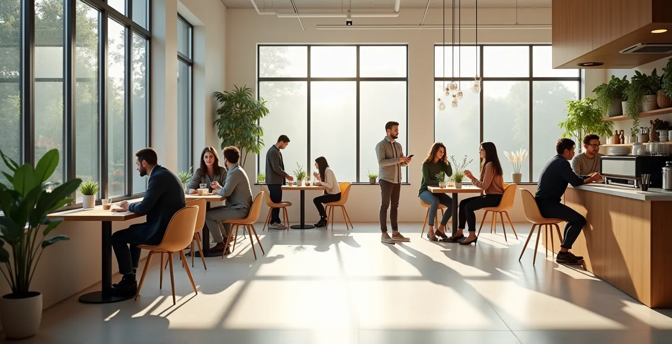 Angolo caffè moderno con persone che interagiscono spontaneamente in uno spazio luminoso e accogliente