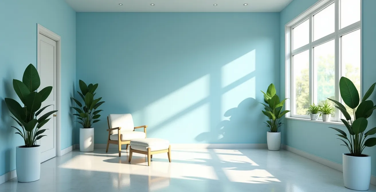 Design di un ufficio con elementi architettonici per la de-escalation: colori calmi, luce naturale e piante