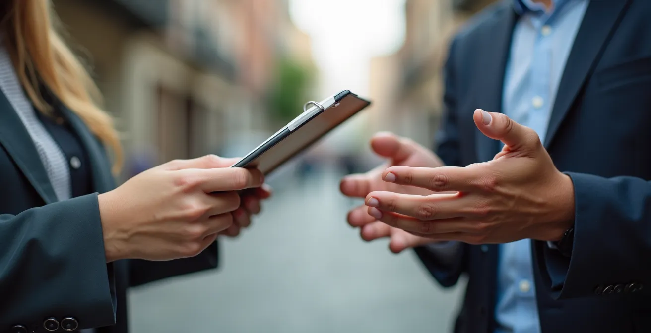 Dettaglio macro di mani in gesto di apertura durante conversazione di raccolta fondi