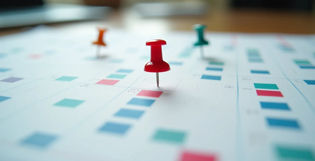 Vista macro di un calendario con segnaposti colorati nei periodi chiave per il tesseramento