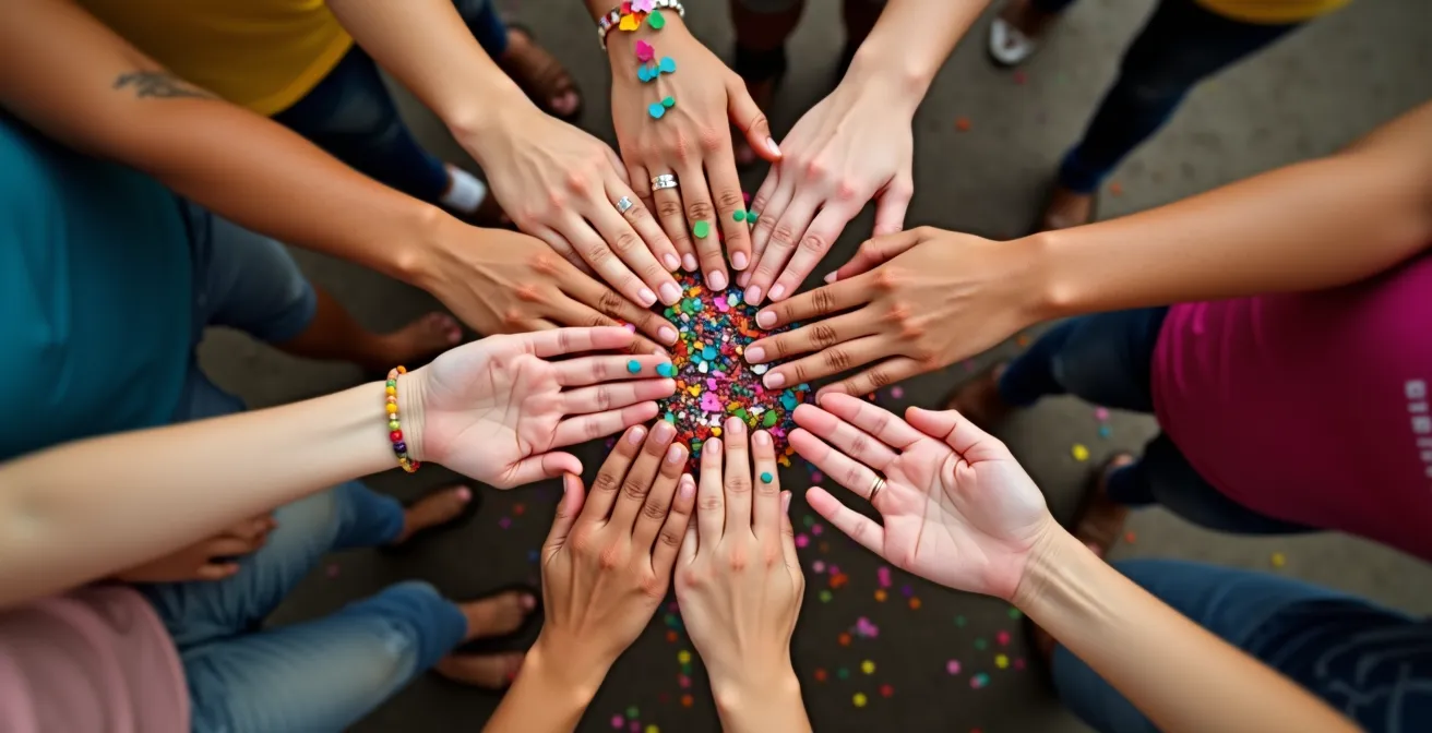 Gruppo diversificato di volontari che celebra insieme in un momento di festa comunitaria