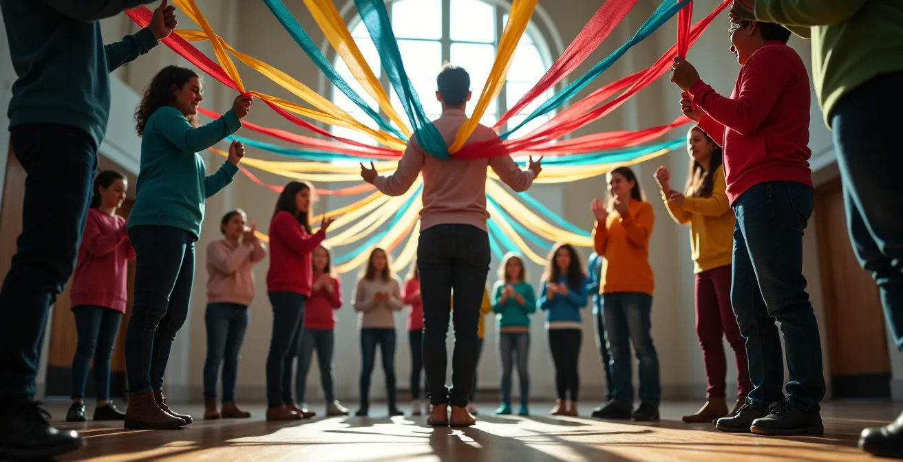 Professionista che, come un direttore d'orchestra, coordina fili colorati tenuti da vari membri della comunità, simboleggiando la gestione della rete.
