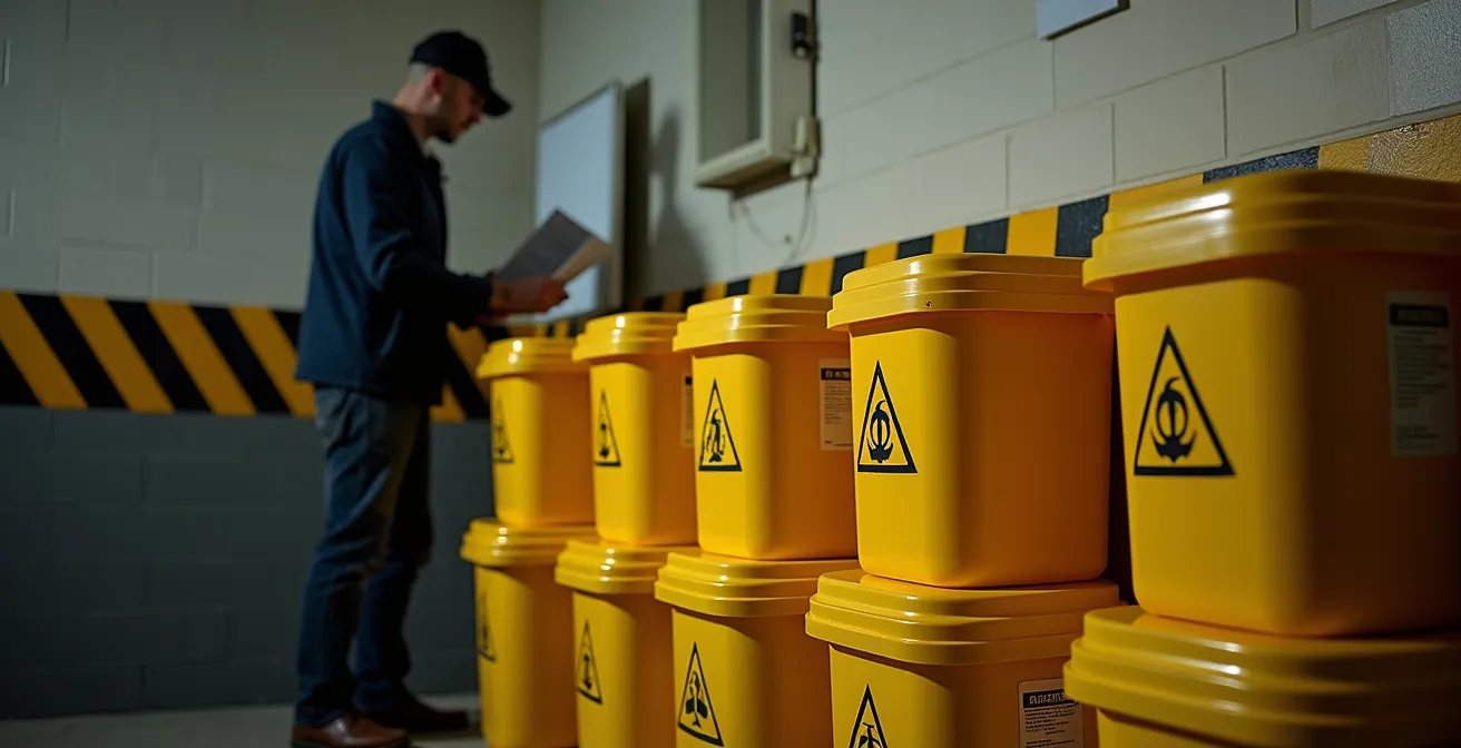 Area di stoccaggio temporaneo con contenitori per rifiuti speciali DPI nel terzo settore