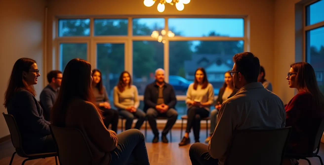 Cerchio di volontari in discussione animata durante sessione formativa serale