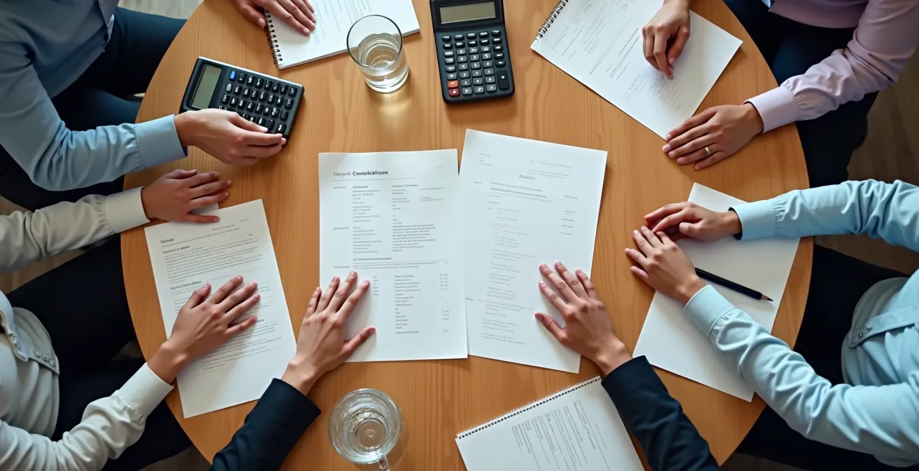 Tavolo rotondo con documenti finanziari sfocati e mani collaborative durante una sessione di mediazione