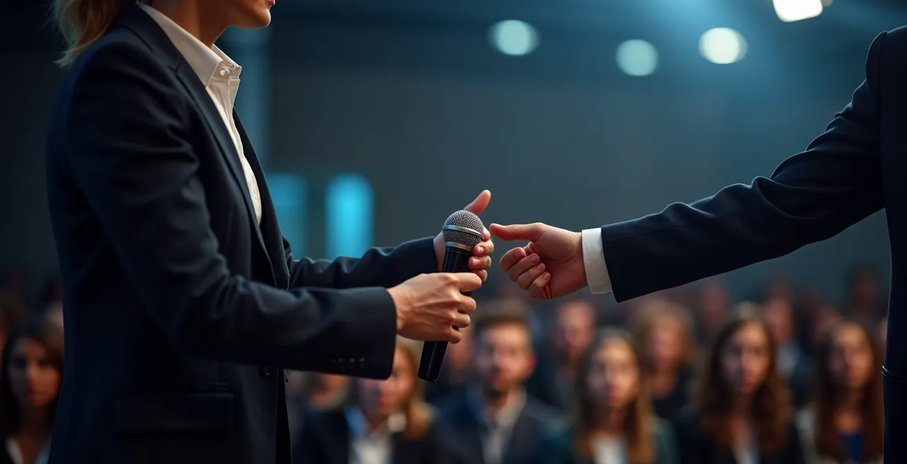 Moderatore che gestisce con professionalità l'intervento di un partecipante dal pubblico