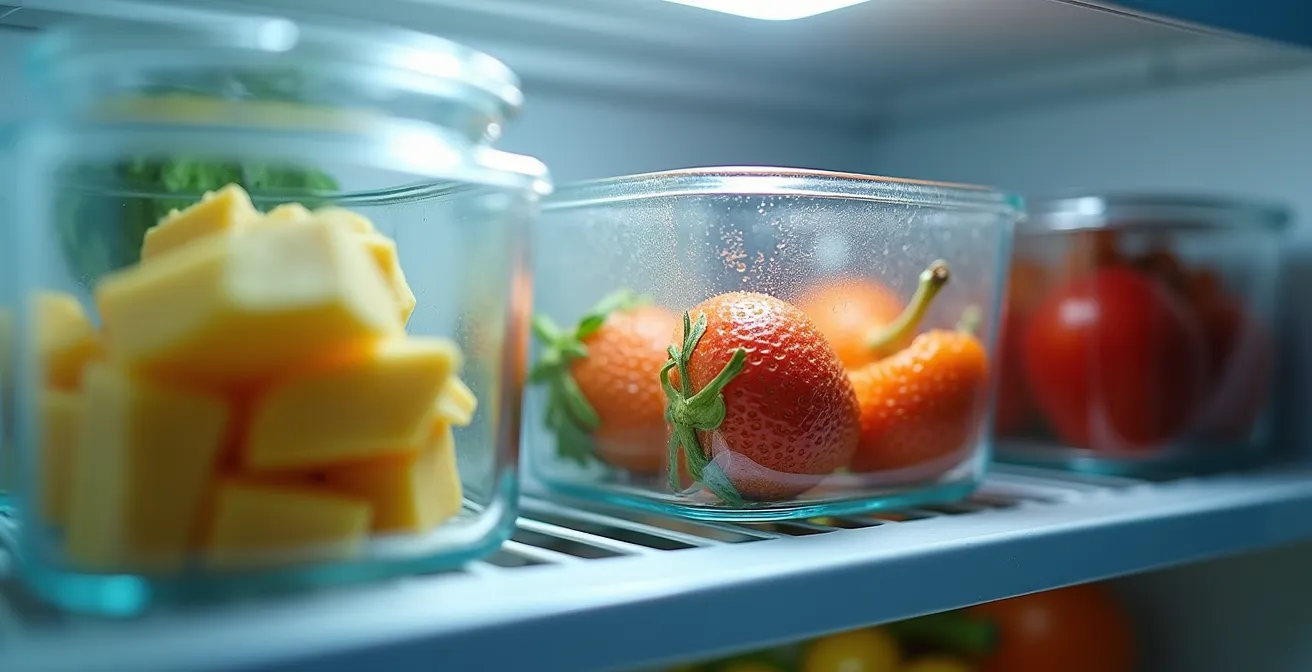 Vista ravvicinata dell'interno di un frigorifero con alimenti organizzati per temperatura