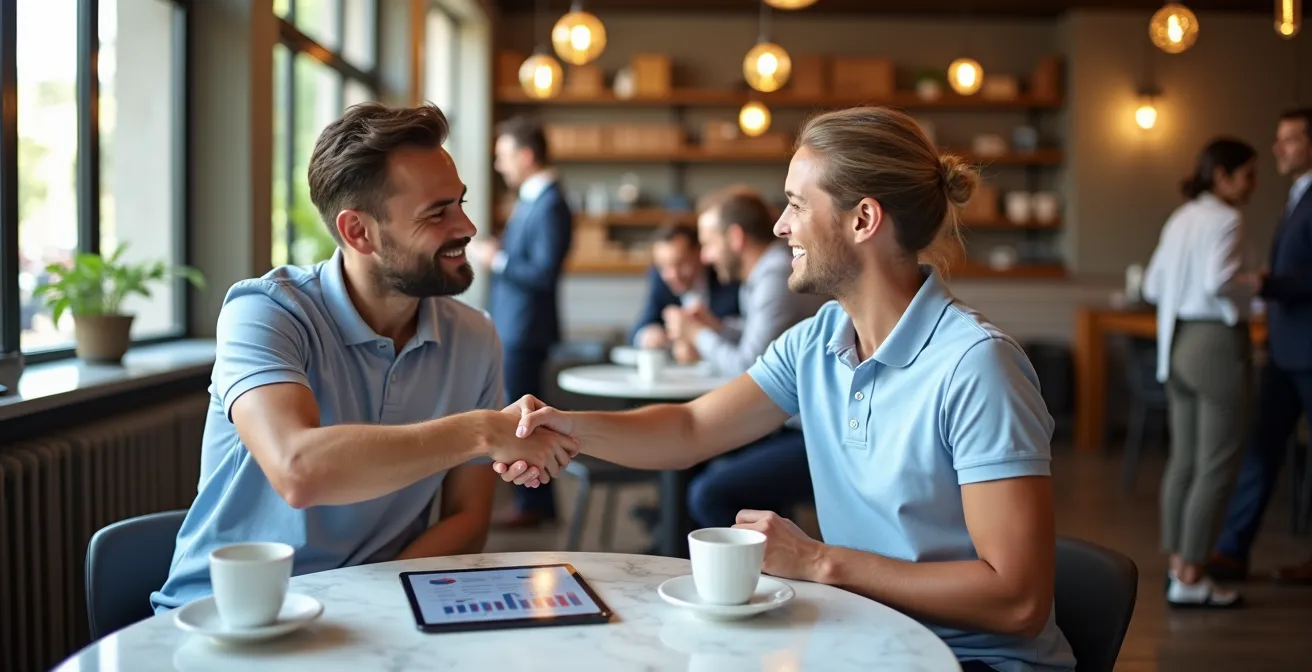 Stretta di mano tra rappresentante PMI e associazione con benefici reciproci visualizzati