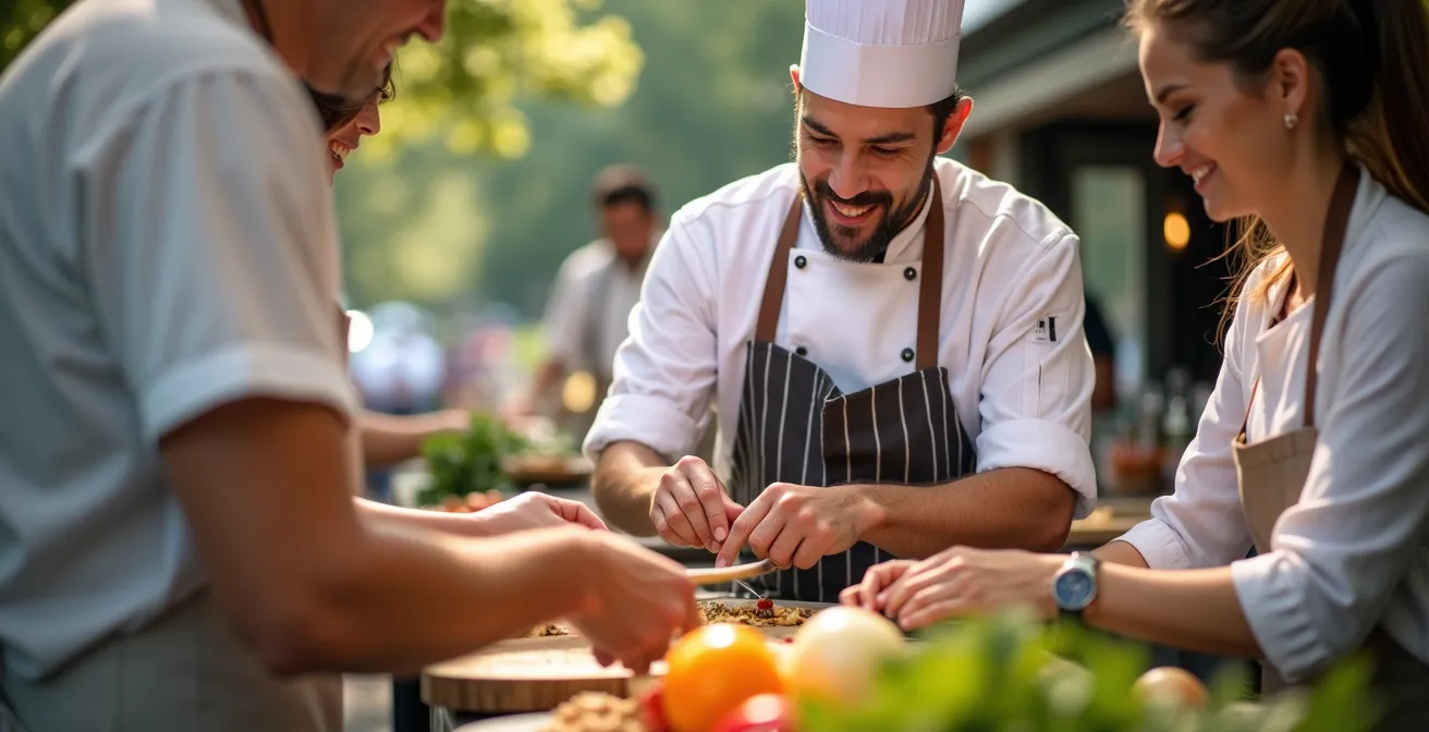 Stand gastronomico gestito da sponsor con chef e volontari che collaborano attivamente durante un evento solidale.