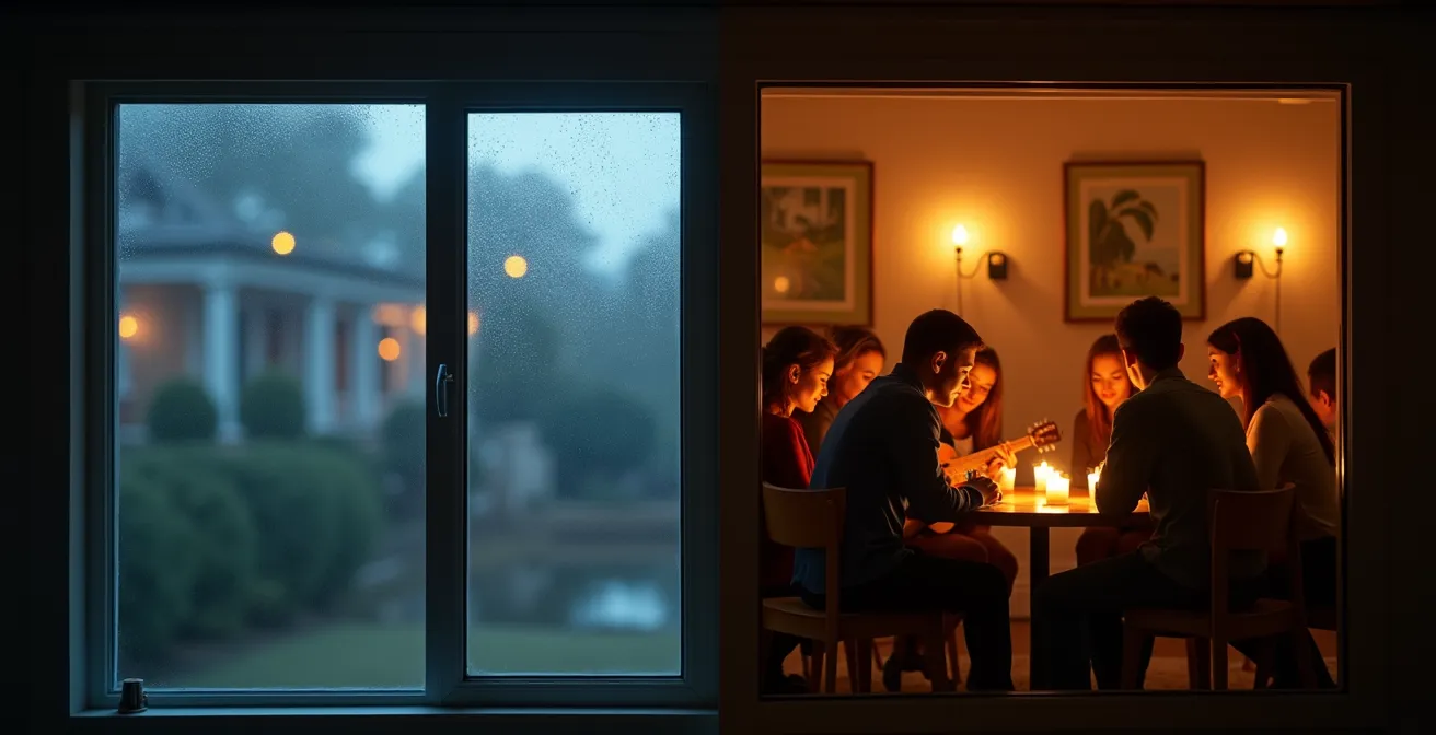 Evento spostato all'interno a causa del maltempo, con un'atmosfera accogliente, luci calde e partecipanti raccolti in un ambiente intimo.