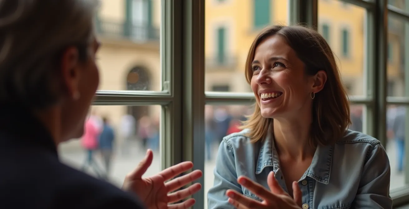 Volontario in conversazione con un passante in piazza italiana, gesti espressivi e contatto visivo