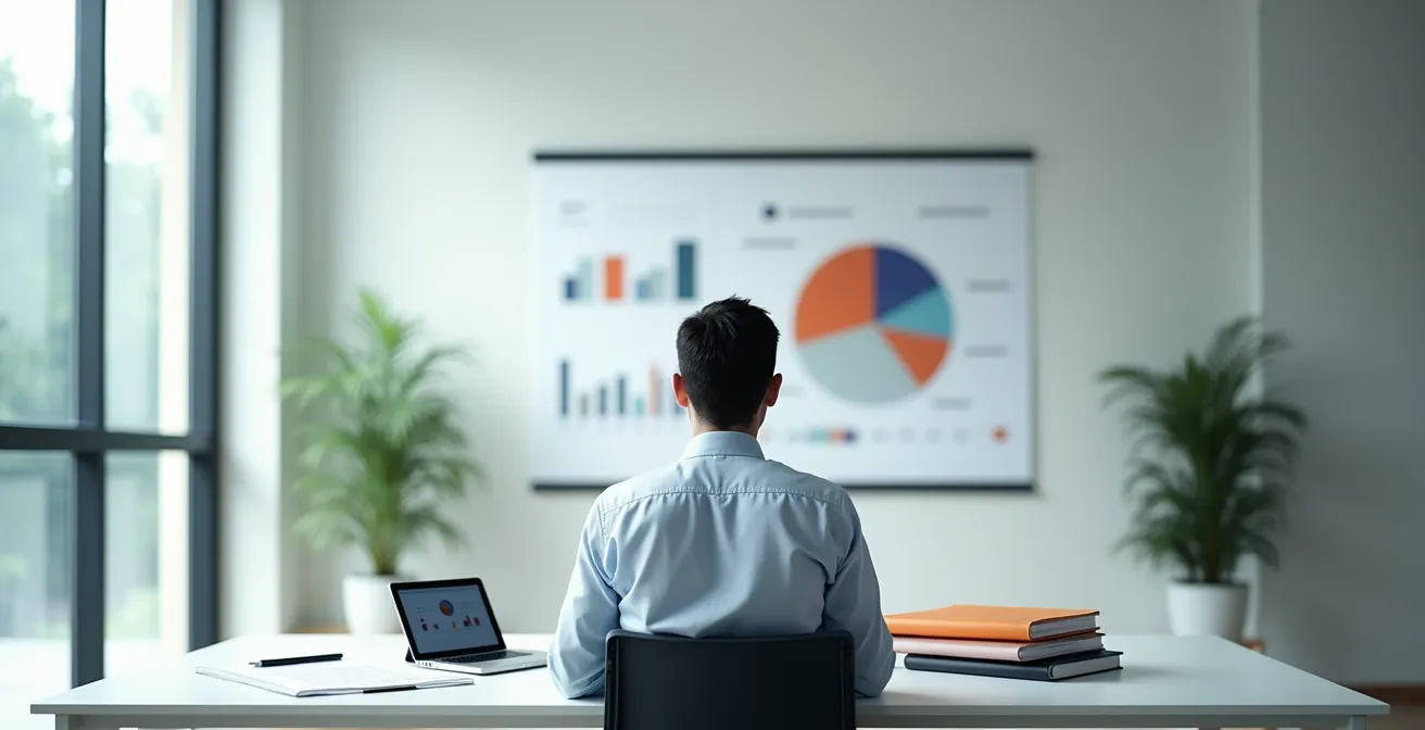 Professionista analizza documenti di rendicontazione con grafici e report annuali in un ufficio luminoso