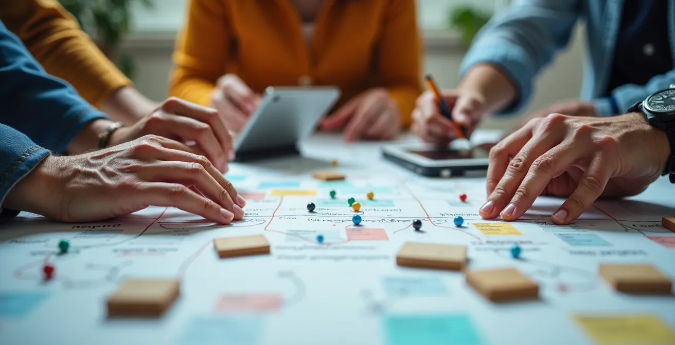 Dettaglio di mani di diverse persone che collaborano su un tavolo strategico, simbolo della preparazione di una rete associativa.