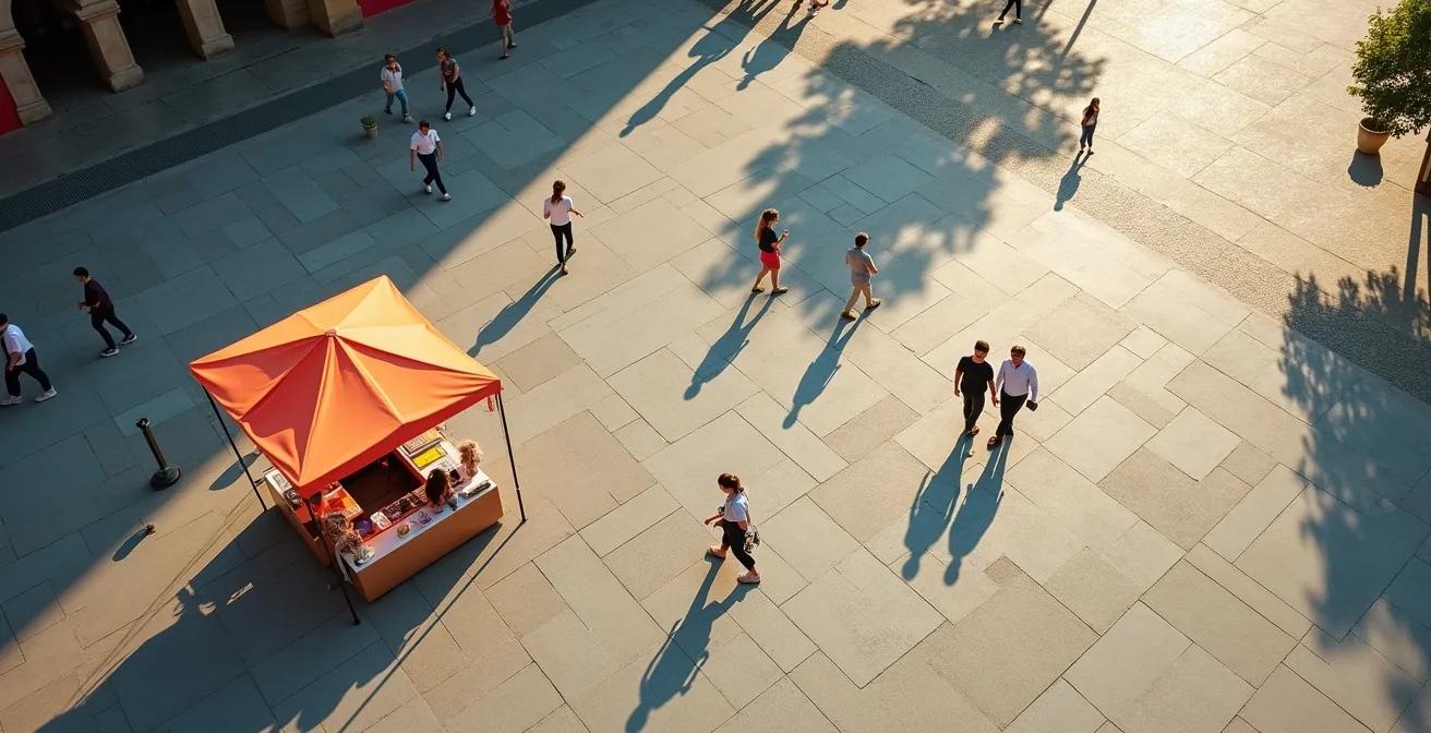 Vista aerea minimalista di piazza italiana con volontari e passanti che mantengono distanze rispettose