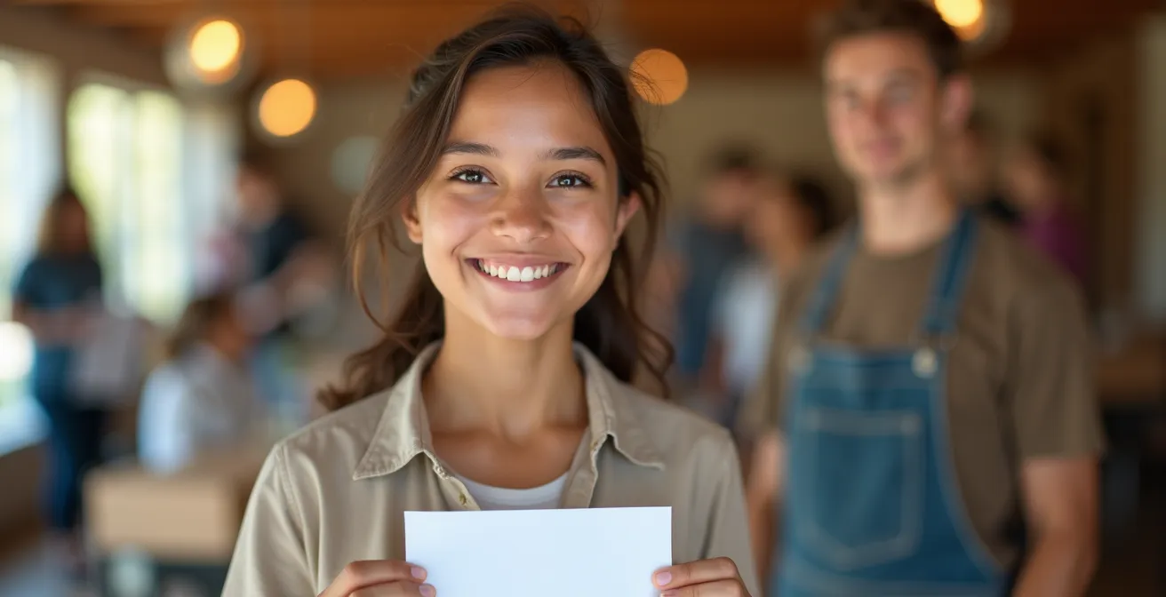 Volontario che esamina una scheda missione con focus sull'impatto sociale della sua attività