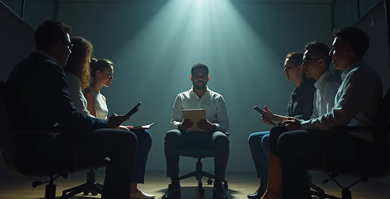 Leader che ascolta attentamente il feedback del team in un ambiente circolare e inclusivo