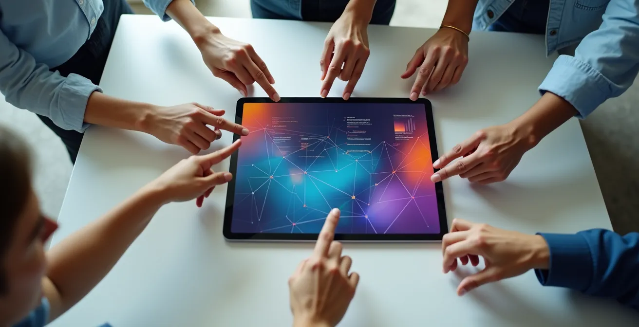 Vista dall'alto di un tablet che mostra grafici astratti colorati con mani che interagiscono sullo schermo