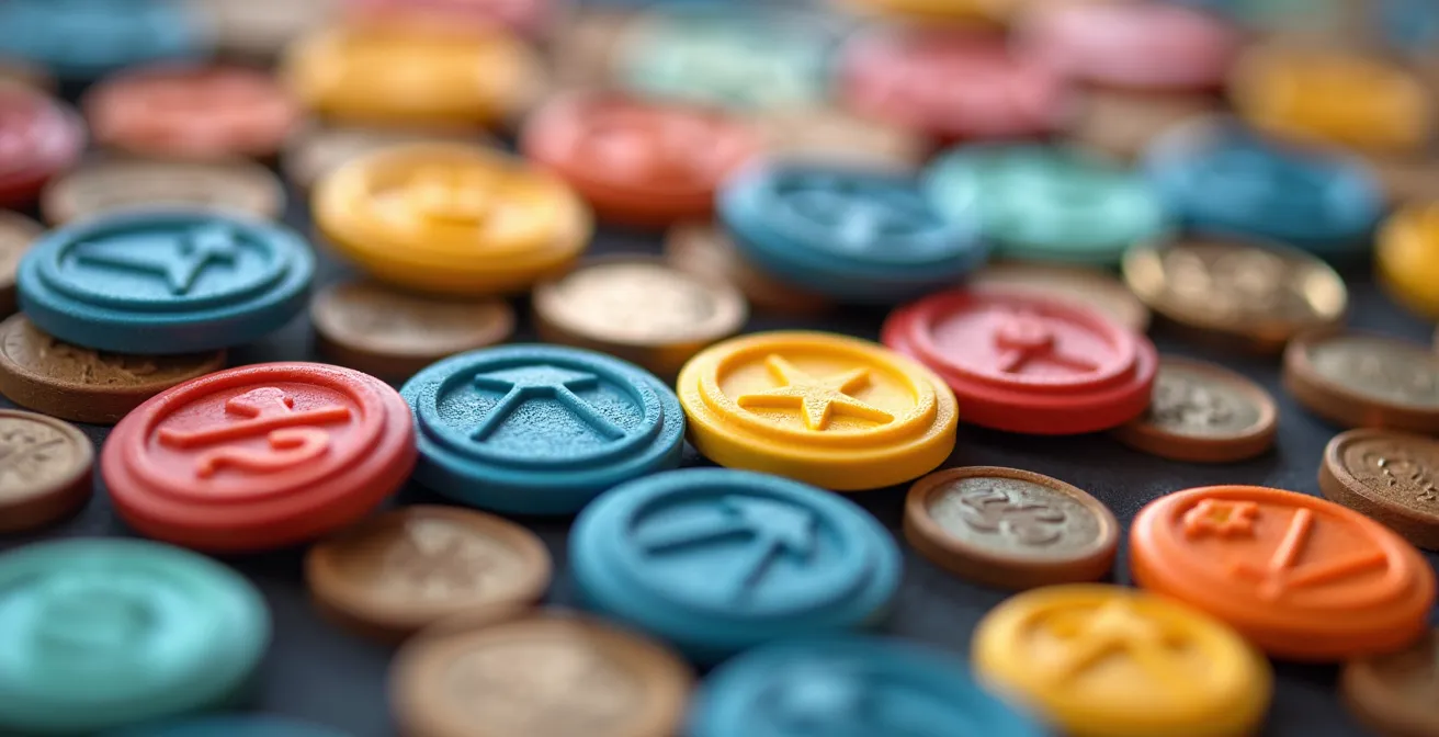 Vista macro di tessere colorate rappresentanti un sistema di punti e badge per turni