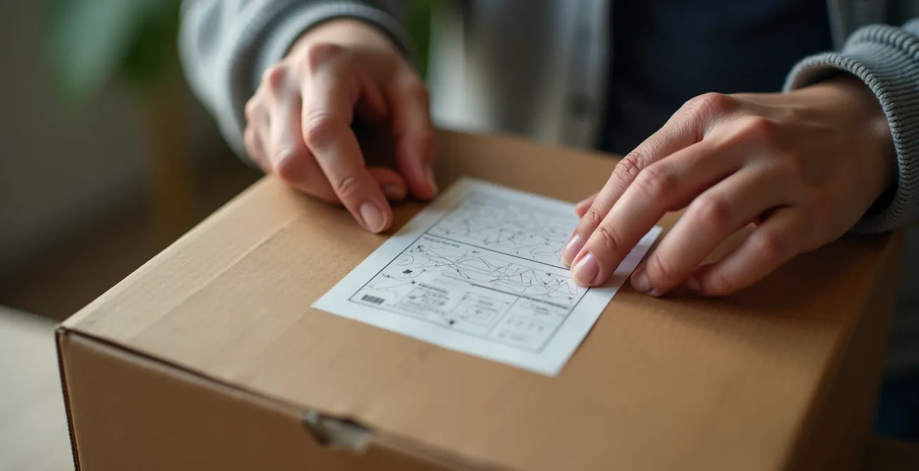 Mani di volontario che applica etichetta con codice su pacco alimentare