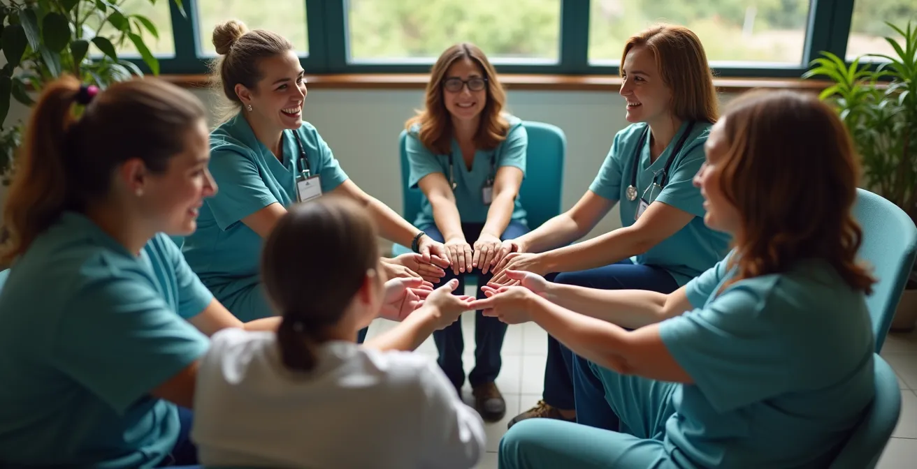 Gruppo di operatori in cerchio durante supervisione emotiva