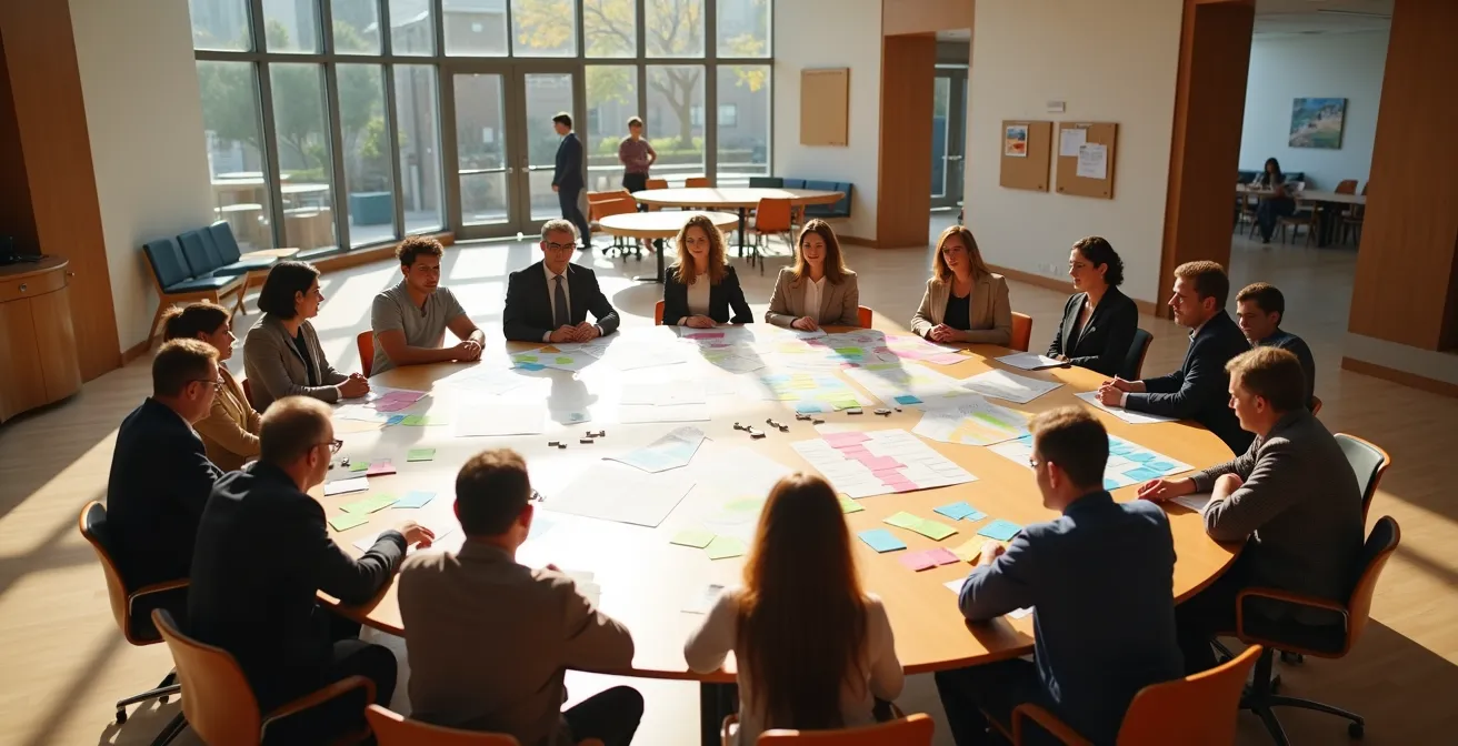 Gruppo diversificato di persone attorno a un tavolo rotondo in un centro comunitario, simbolo della discussione sugli strumenti di formalizzazione della rete.