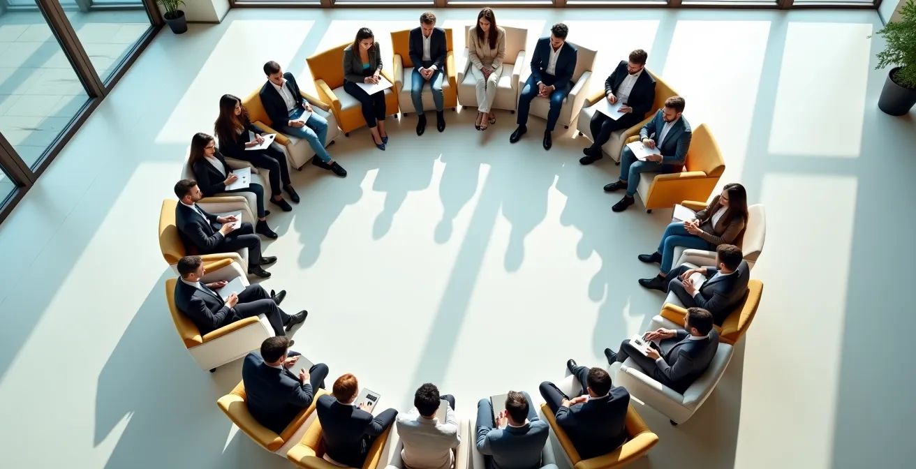 Vista dall'alto di persone sedute in cerchio durante una riunione assembleare, a simboleggiare unità e valori condivisi.