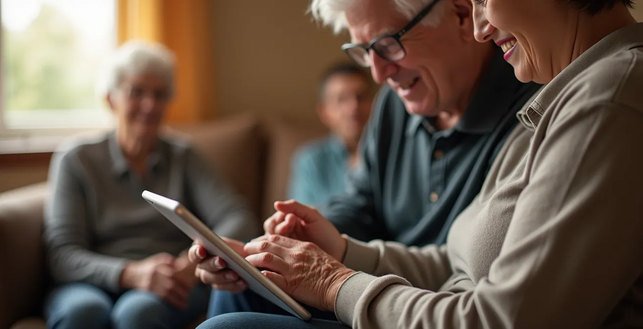 Un giovane volontario aiuta un socio anziano con il tablet durante l'iscrizione online