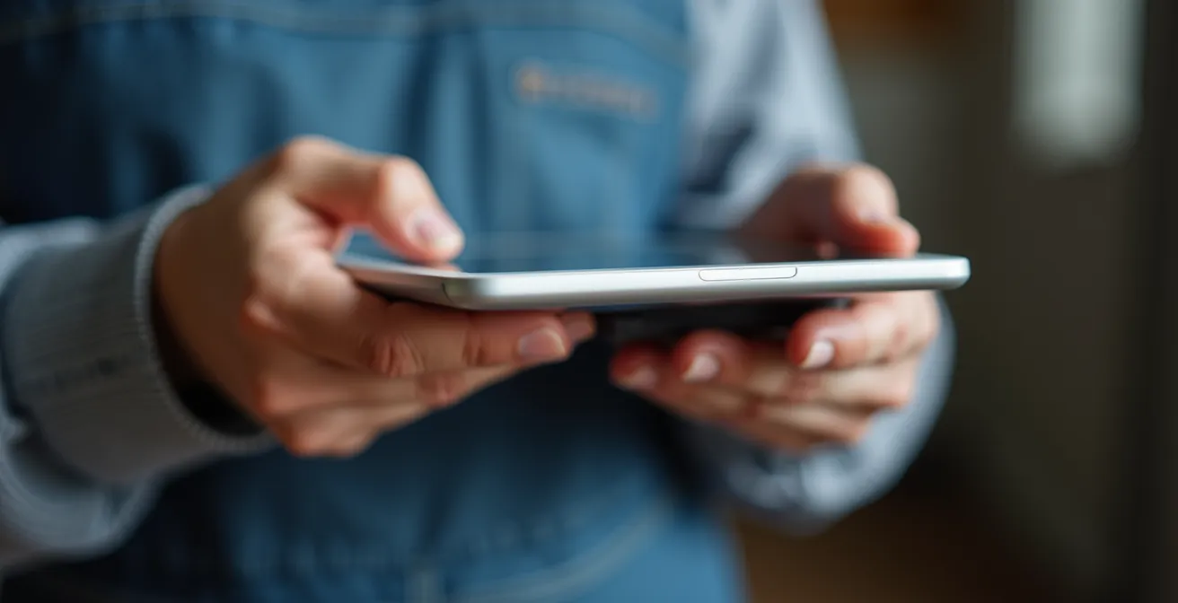 Volontaria che guarda tablet con contenuti formativi in pausa dal servizio