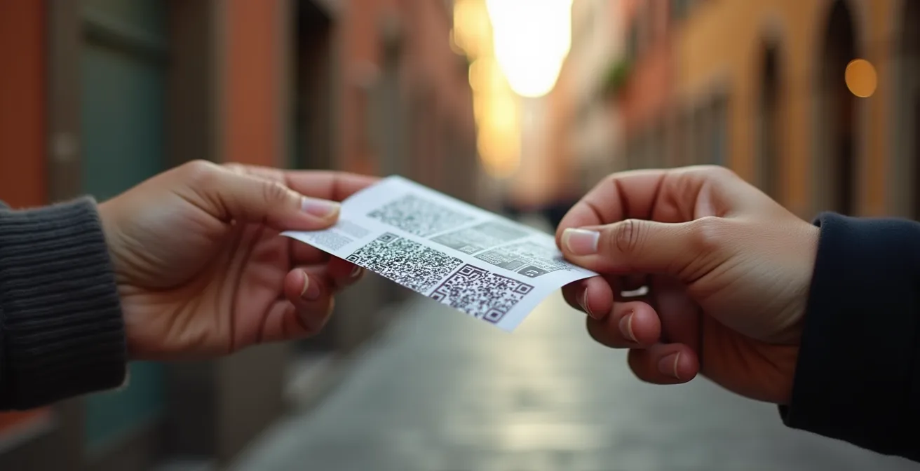 Dettaglio macro di mani che passano un volantino con QR code dopo una conversazione